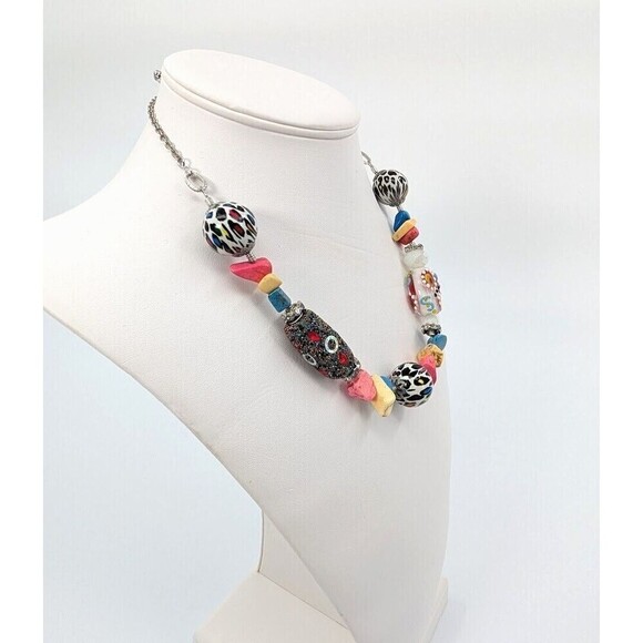Chunky Necklace Glass Beaded Lampwork Boho Chic Eclectic Statement Piece Artsy - Picture 6 of 11